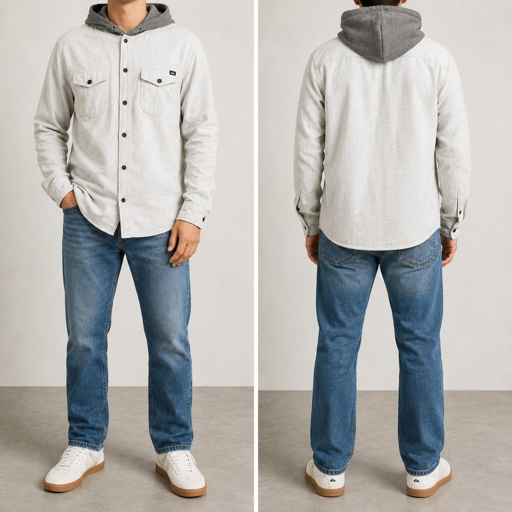 Quiksilver Hooded Flannel Shirt Mens Size Medium Gray Long Sleeve Button Shacket